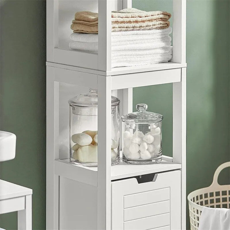 White Tall Bathroom Storage Cabinet with Shelves and Drawers