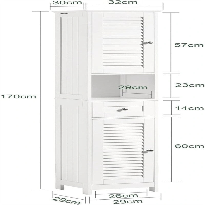 White Tall Bathroom Storage Cabinet with Shelves and Drawers