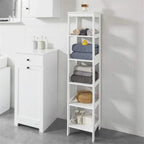 White Tall Bathroom Storage Cabinet with Shelves and Drawers