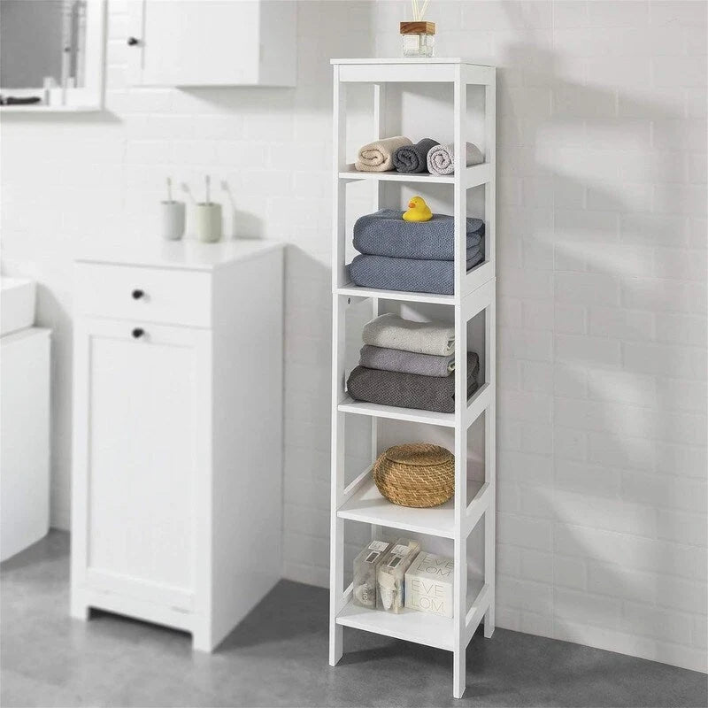 White Tall Bathroom Storage Cabinet with Shelves and Drawers