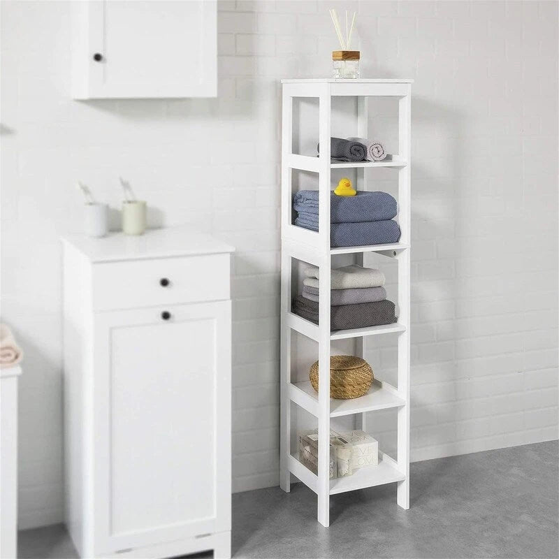 White Tall Bathroom Storage Cabinet with Shelves and Drawers