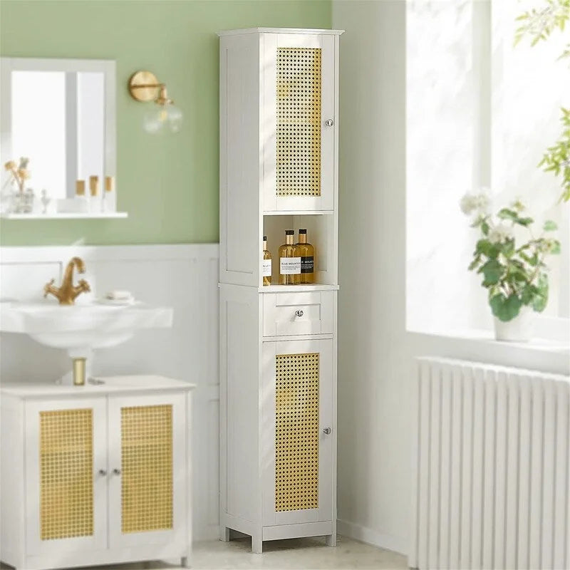 White Tall Bathroom Storage Cabinet with Shelves and Drawers
