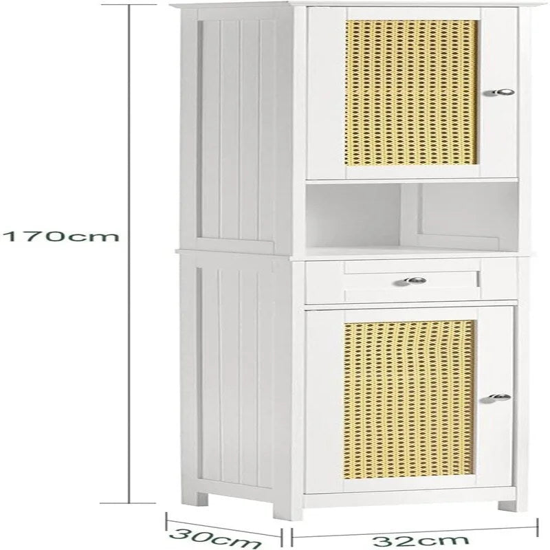 White Tall Bathroom Storage Cabinet with Shelves and Drawers