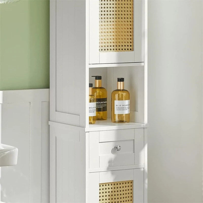 White Tall Bathroom Storage Cabinet with Shelves and Drawers