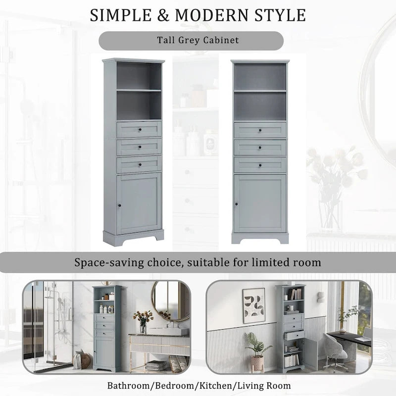 68 Tall Freestanding Bathroom Cabinet with 3 Drawers and Adjustable Shelves