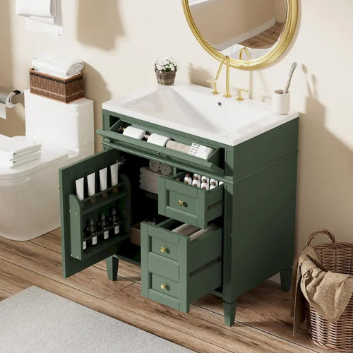 30 Bathroom Vanity with Top Sink,Bathroom Storage Cabinet with 2 Drawers and a Tip-out Drawer,Single Sink Bathroom Vanity