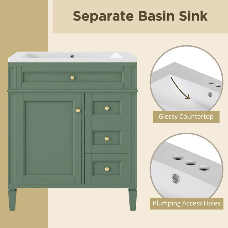 30 Bathroom Vanity with Top Sink,Bathroom Storage Cabinet with 2 Drawers and a Tip-out Drawer,Single Sink Bathroom Vanity