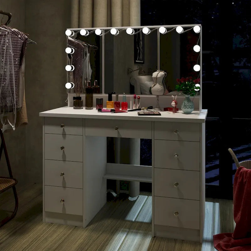3-Mirror Vanity Table Stylish 9-Drawer Makeup Organizer Dressing Desk
