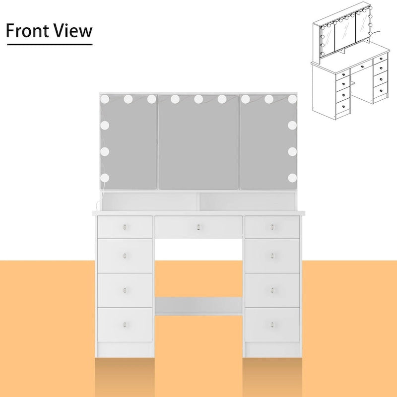 3-Mirror Vanity Table Stylish 9-Drawer Makeup Organizer Dressing Desk