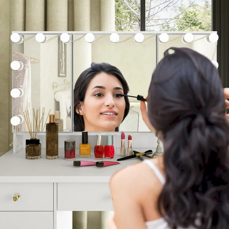 3-Mirror Vanity Table Stylish 9-Drawer Makeup Organizer Dressing Desk