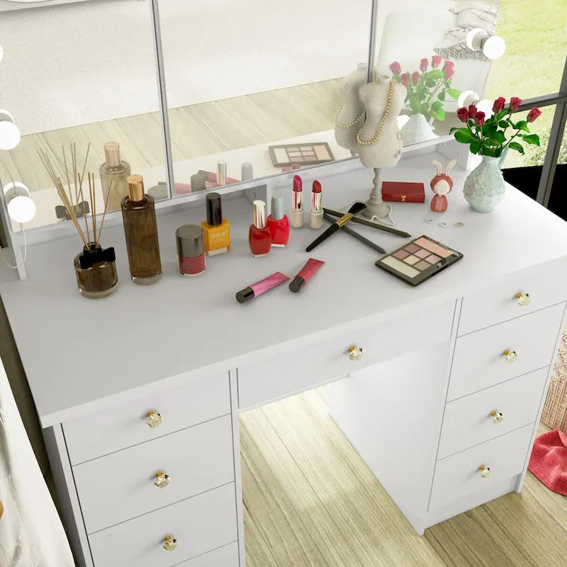 3-Mirror Vanity Table Stylish 9-Drawer Makeup Organizer Dressing Desk