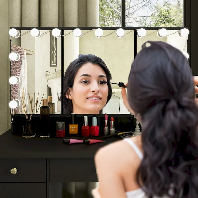 3-Mirror Vanity Table Stylish 9-Drawer Makeup Organizer Dressing Desk