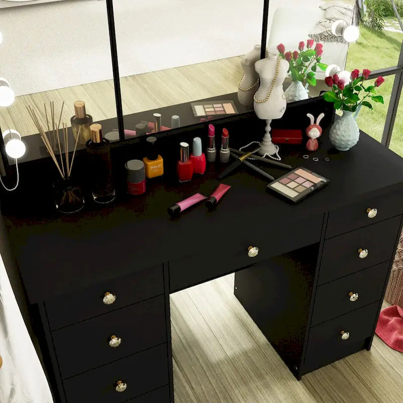 3-Mirror Vanity Table Stylish 9-Drawer Makeup Organizer Dressing Desk