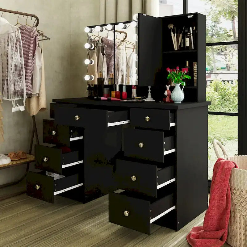 3-Mirror Vanity Table Stylish 9-Drawer Makeup Organizer Dressing Desk