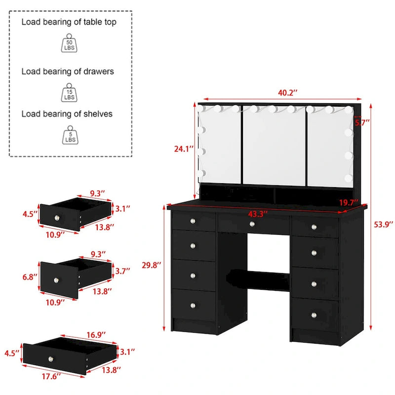 3-Mirror Vanity Table Stylish 9-Drawer Makeup Organizer Dressing Desk