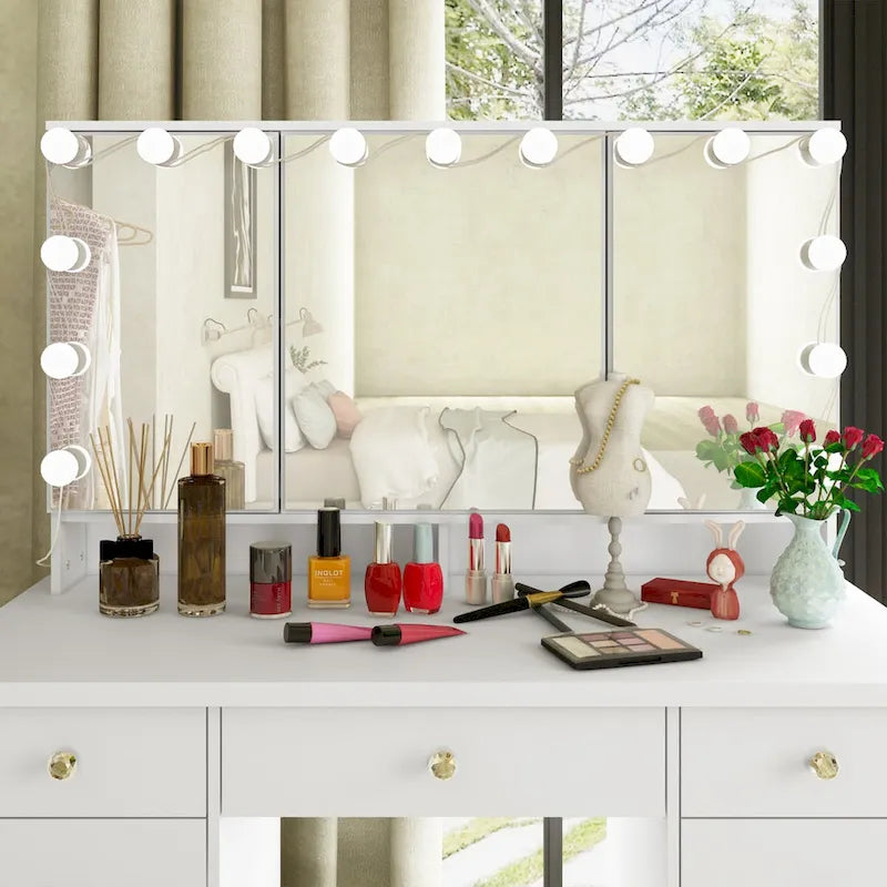 3-Mirror Vanity Table Stylish 9-Drawer Makeup Organizer Dressing Desk