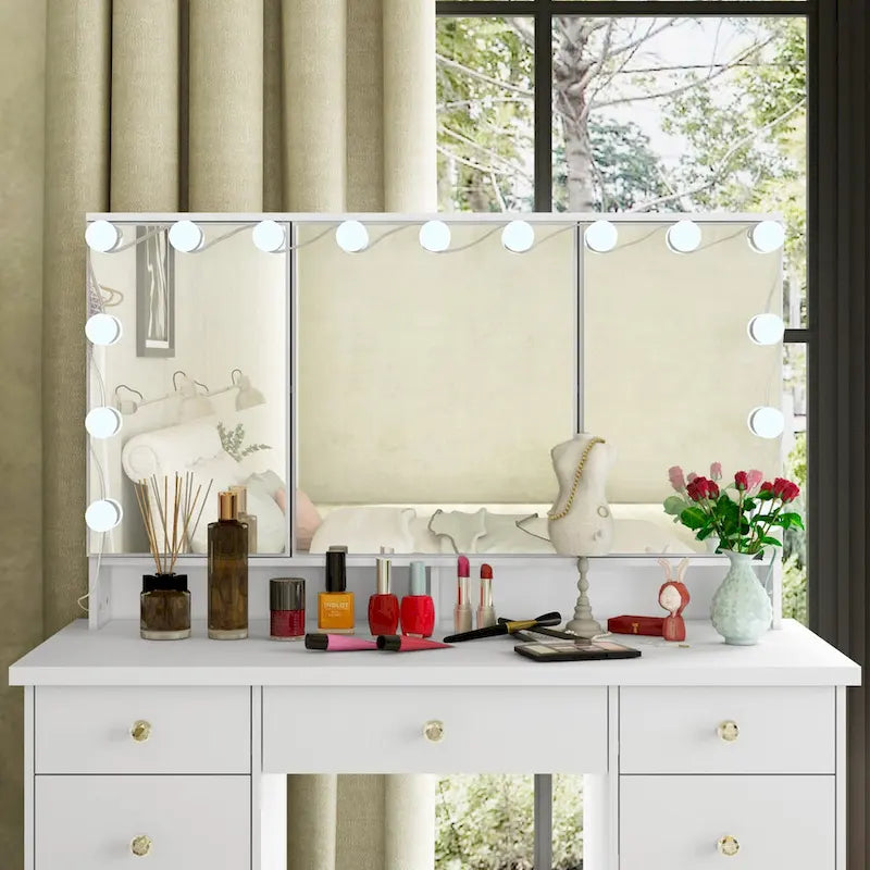 3-Mirror Vanity Table Stylish 9-Drawer Makeup Organizer Dressing Desk