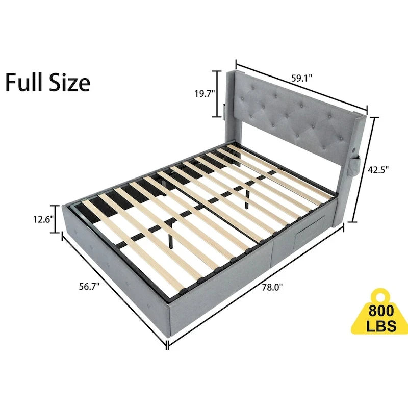 Full Size Bed Frame with Gas Lift Storage Bed and USB Ports