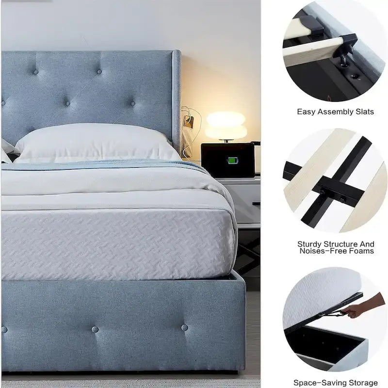 Full Size Bed Frame with Gas Lift Storage Bed and USB Ports