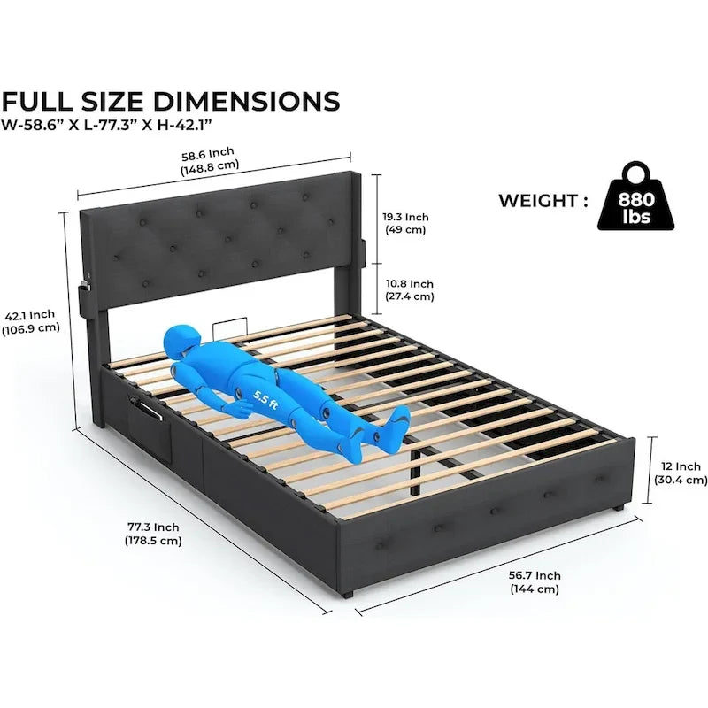 Full Size Bed Frame with Gas Lift Storage Bed and USB Ports