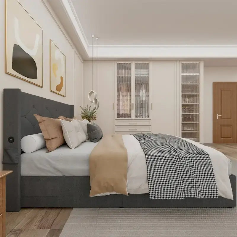 Full Size Bed Frame with Gas Lift Storage Bed and USB Ports