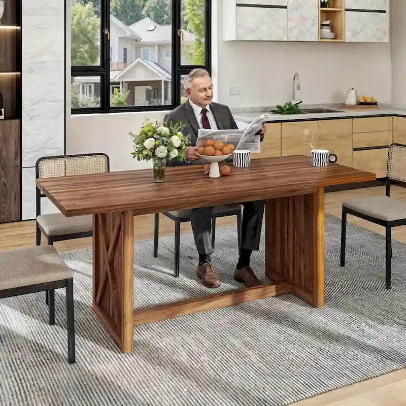 Moasis Rustic Style Wood Dinner Table 70.8 Large Farmhouse Kitchen Dining Room Table for 6 to 8 People