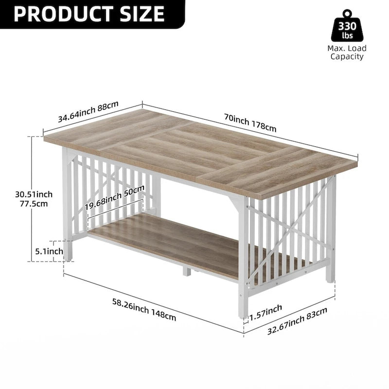 Moasis 70-Inch Large Kitchen Dining Table for 6-8 People, Farmhouse Industrial Kitchen Table with Storage Shelf
