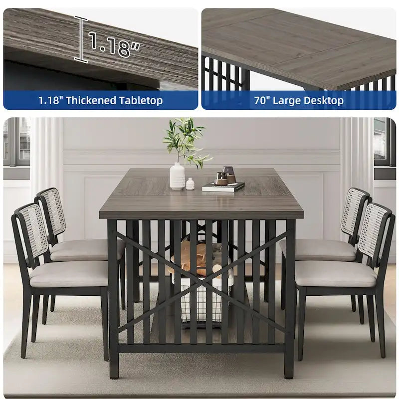 Moasis 70-Inch Large Kitchen Dining Table for 6-8 People, Farmhouse Industrial Kitchen Table with Storage Shelf