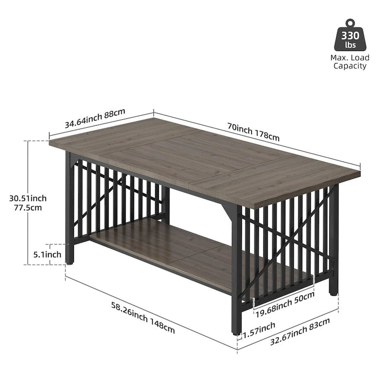 Moasis 70-Inch Large Kitchen Dining Table for 6-8 People, Farmhouse Industrial Kitchen Table with Storage Shelf