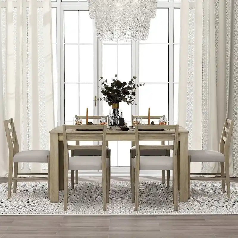 7 PCS Wooden Dining Table Set for 6 with Extendable Table
