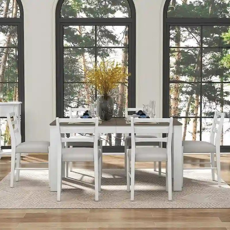 7 PCS Wooden Dining Table Set for 6 with Extendable Table