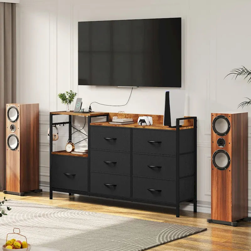 Moasis 7-drawer Dresser Media Console with Charging Station, Shelves