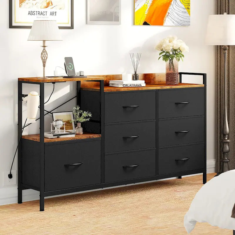Moasis 7-drawer Dresser Media Console with Charging Station, Shelves
