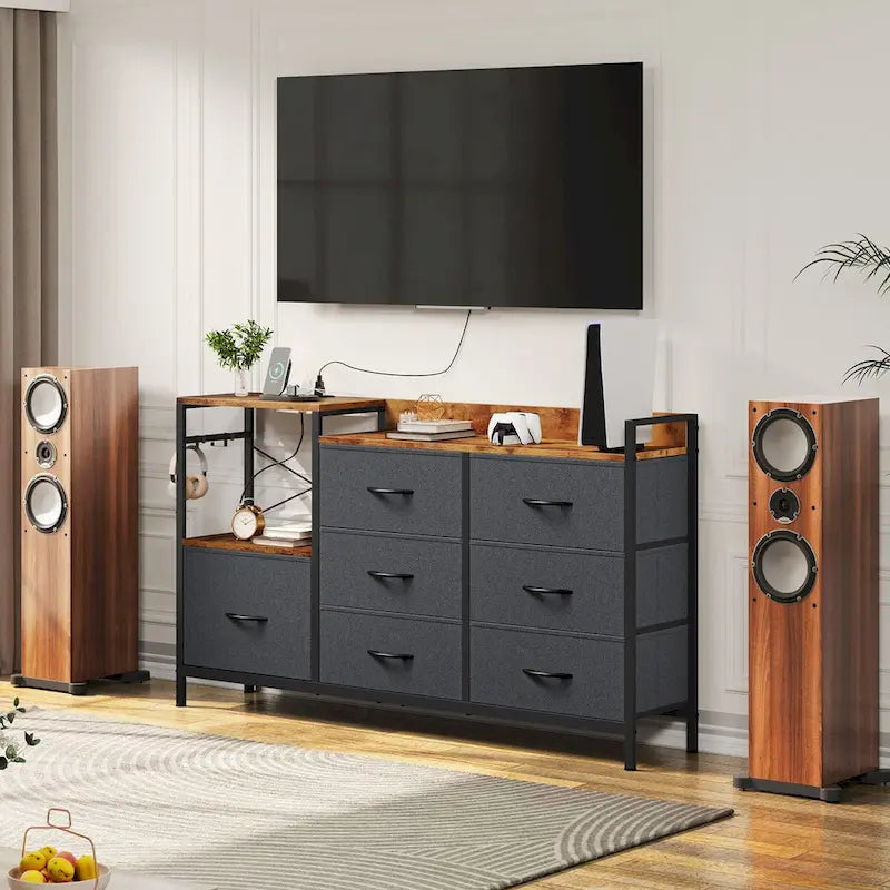 Moasis 7-drawer Dresser Media Console with Charging Station, Shelves