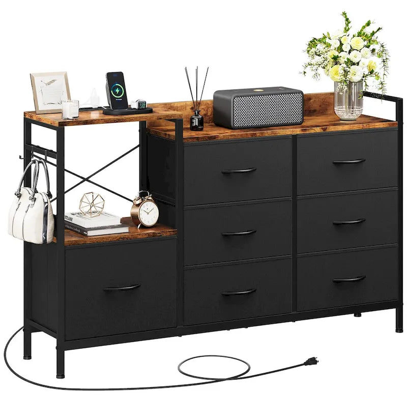 Moasis 7-drawer Dresser Media Console with Charging Station, Shelves