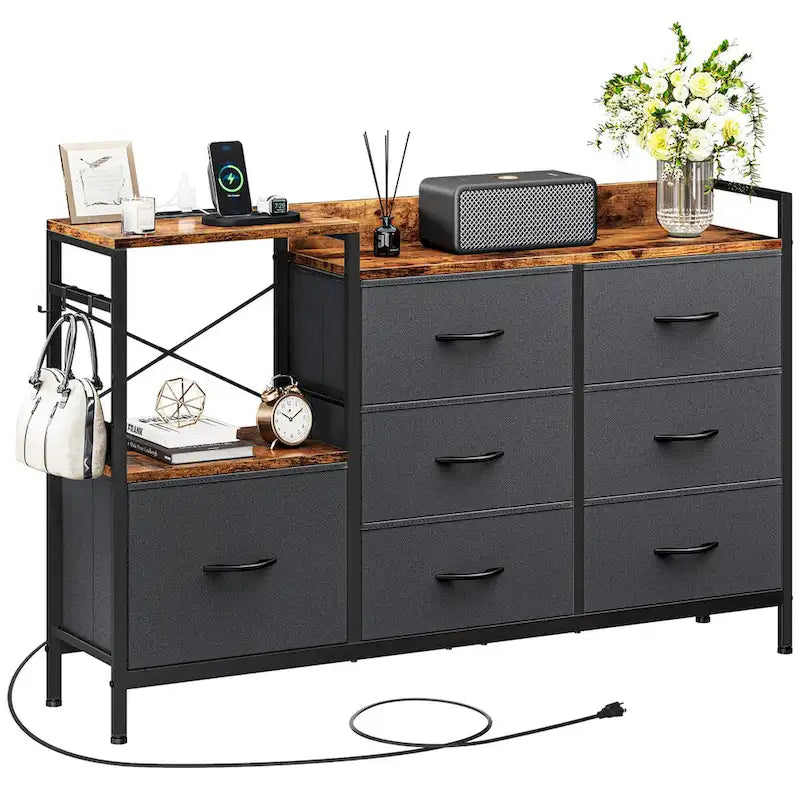 Moasis 7-drawer Dresser Media Console with Charging Station, Shelves