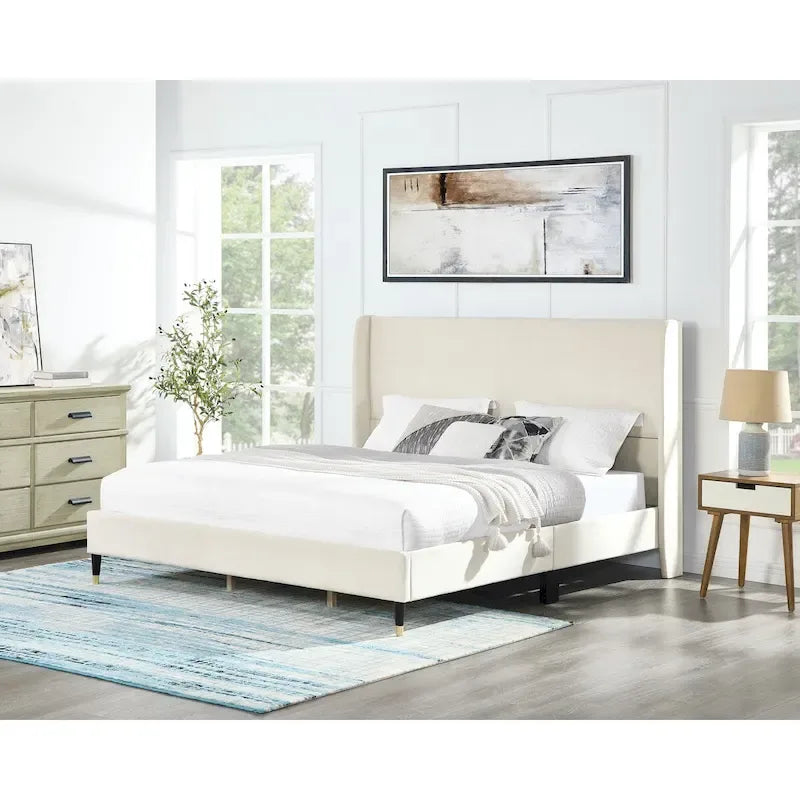 Beige Velvet Wingback Platform Bed, King, No Box Spring Need, Easy to Assemble