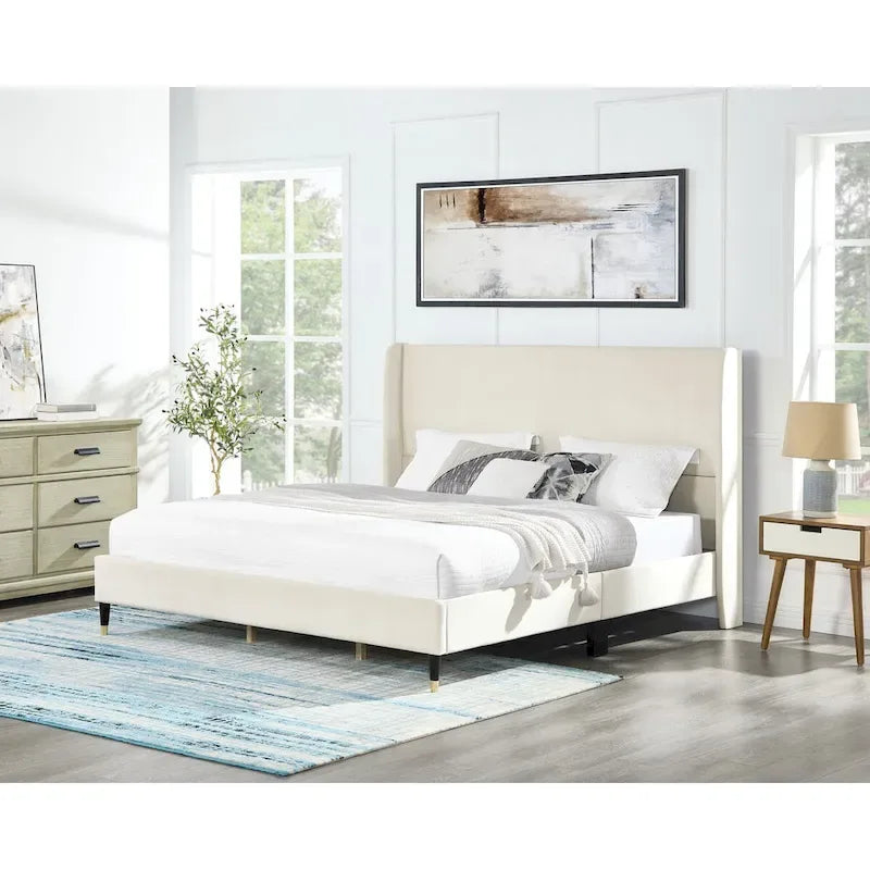 Beige Velvet Wingback Platform Bed, King, No Box Spring Need, Easy to Assemble
