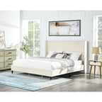 Beige Velvet Wingback Platform Bed, King, No Box Spring Need, Easy to Assemble