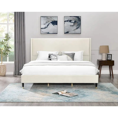 Beige Velvet Wingback Platform Bed, King, No Box Spring Need, Easy to Assemble
