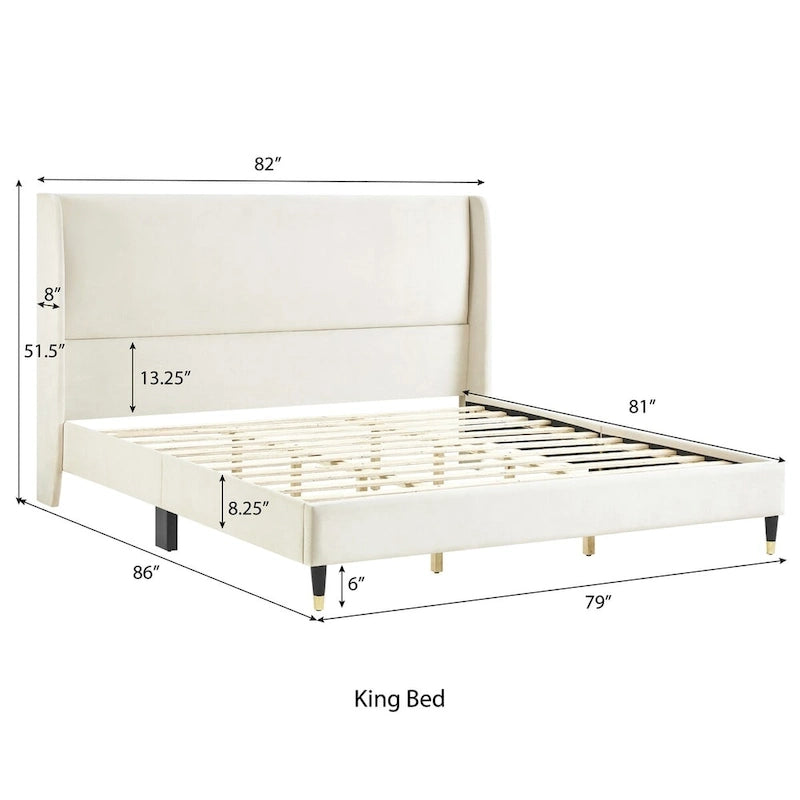 Beige Velvet Wingback Platform Bed, King, No Box Spring Need, Easy to Assemble