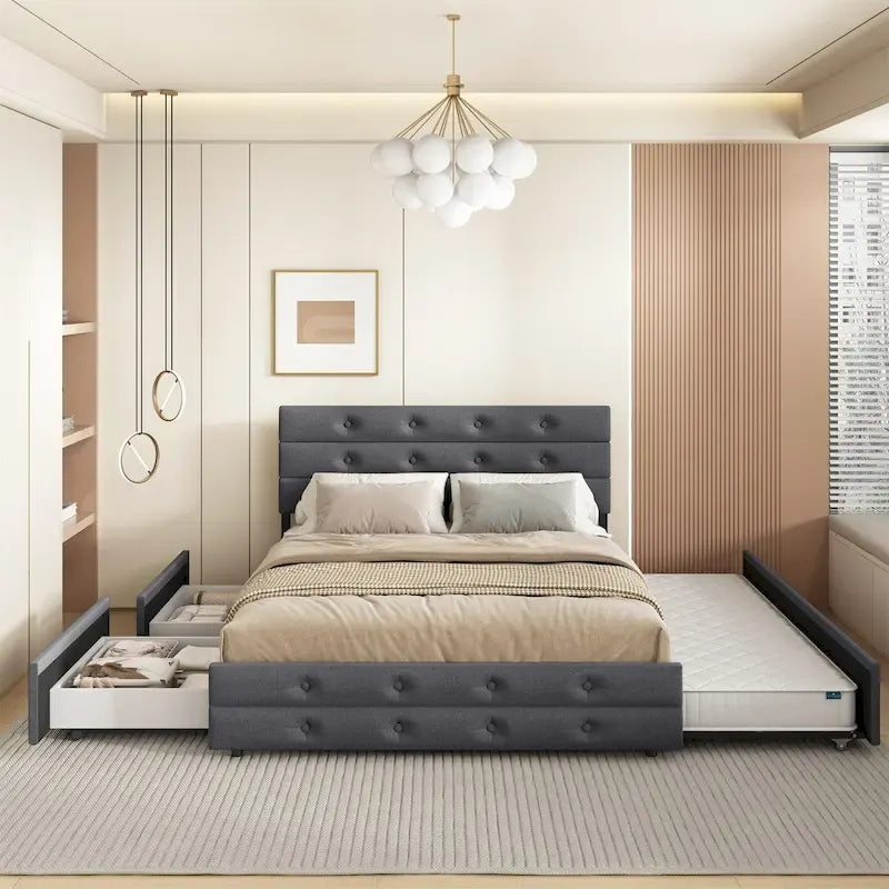 Queen Size Upholstered Linen Fabric Trundle bed