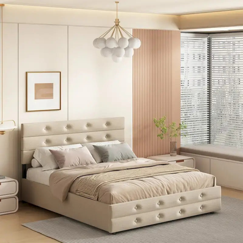 Queen Size Upholstered Linen Fabric Trundle bed