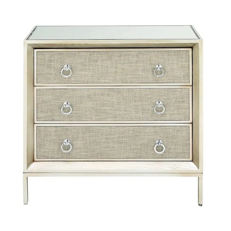 Wooden Upholstered Front Panel 3 Drawer Room Chest with Mirrored Top and Ring Handles - Beige - Roche River Decor