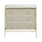 Wooden Upholstered Front Panel 3 Drawer Room Chest with Mirrored Top and Ring Handles - Beige - Roche River Decor