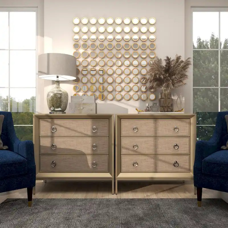 Wooden Upholstered Front Panel 3 Drawer Room Chest with Mirrored Top and Ring Handles - Beige - Roche River Decor