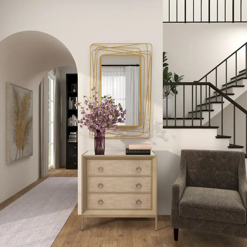 Wooden Upholstered Front Panel 3 Drawer Room Chest with Mirrored Top and Ring Handles - Beige - Roche River Decor