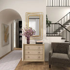 Wooden Upholstered Front Panel 3 Drawer Room Chest with Mirrored Top and Ring Handles - Beige - Roche River Decor