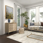 Wooden Upholstered Front Panel 3 Drawer Room Chest with Mirrored Top and Ring Handles - Beige - Roche River Decor