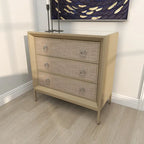 Wooden Upholstered Front Panel 3 Drawer Room Chest with Mirrored Top and Ring Handles - Beige - Roche River Decor
